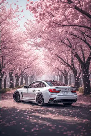 Aesthetic Spring Sleek White BMW Under Cherry Blossoms 