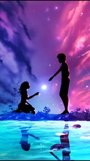 Animation Anime Couple On Water Purple And Pink