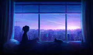 Blue Anime Silhouette Girl And Cat Aesthetic 