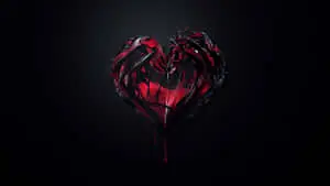 a heart shaped black background with red blood