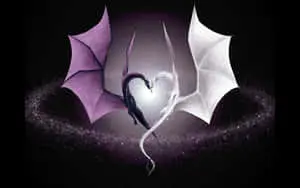 a white and purple dragon with wings in the shape of a heart