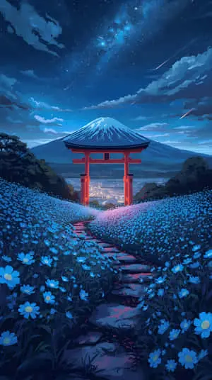 Dreamy Night Sky over Mount Fuji and Blue Flowers