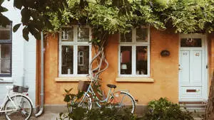 An orange house with a lush green surrounding