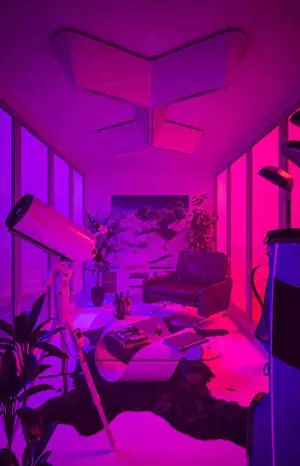 Enjoy the warm neon glow of retro chic with this cozy purple aesthetic room.