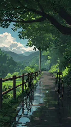 Rainy forest path with bicycle reflections