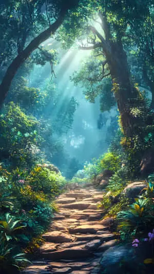 Sunlight forest path lush green jungle